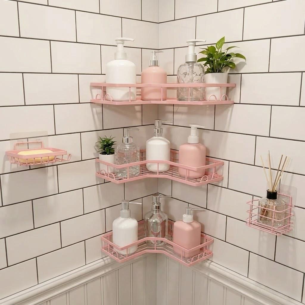 Home Essentials Bathroom Storage - 5-delige minimalistische roze douche-organizer set, boorvrije