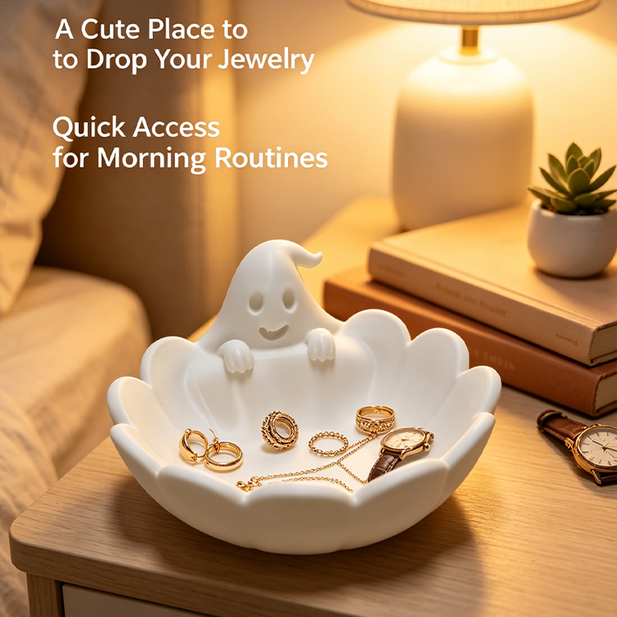 Home Essentials Bathroom Storage - Multifunctionele matwitte spookvormige sieradendoos, schattig spookdesign