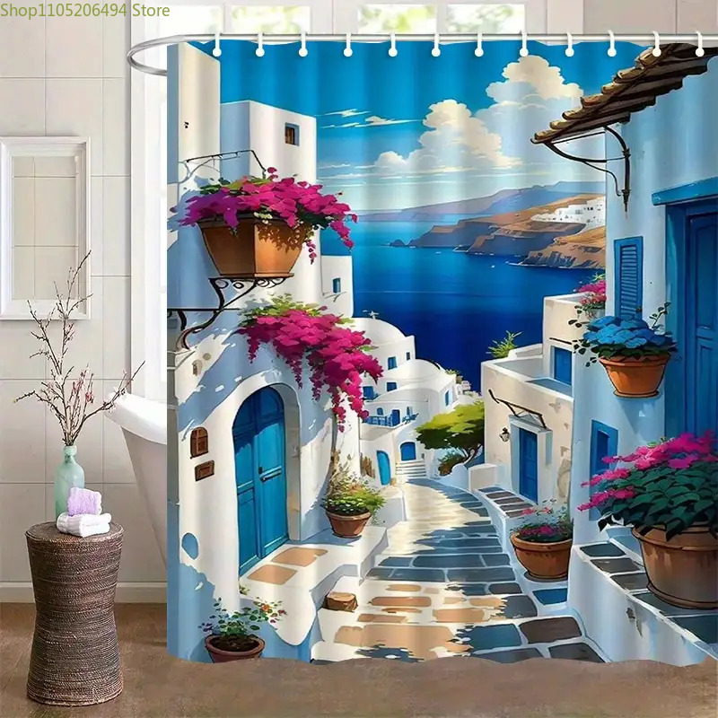 Home Bathroom Ideas - Santorini Grieks eiland douchegordijn blauw wit
