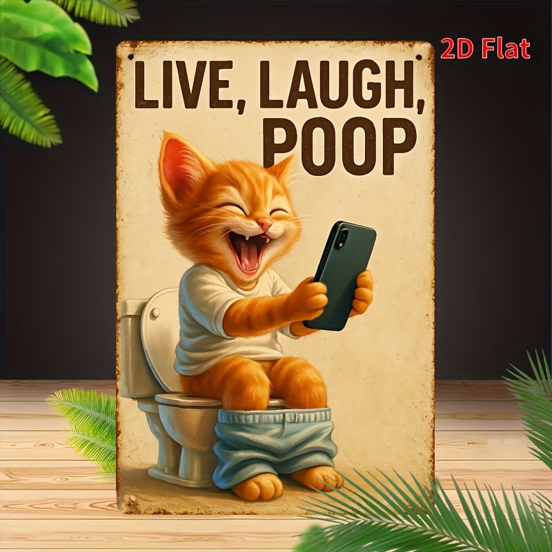 Grappige kat op toilet metalen - Home Bathroom Signs recensie en prijs